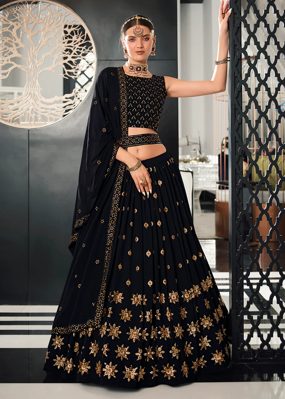 Georgette Fabric Navy Blue Bridesmaid Lehenga Choli