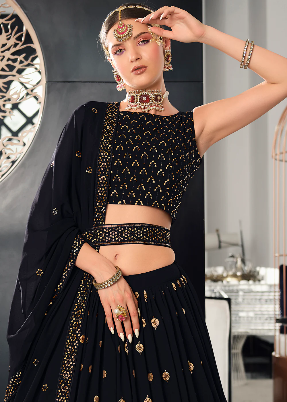 Georgette Fabric Navy Blue Bridesmaid Lehenga Choli - Image 2