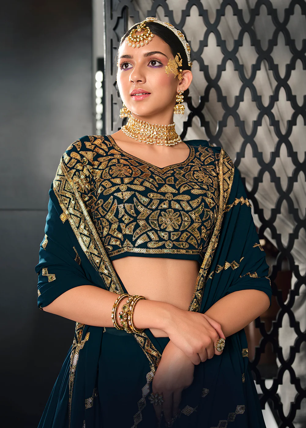 Georgette Fabric Teal Blue Bridesmaid Lehenga Choli - Image 2