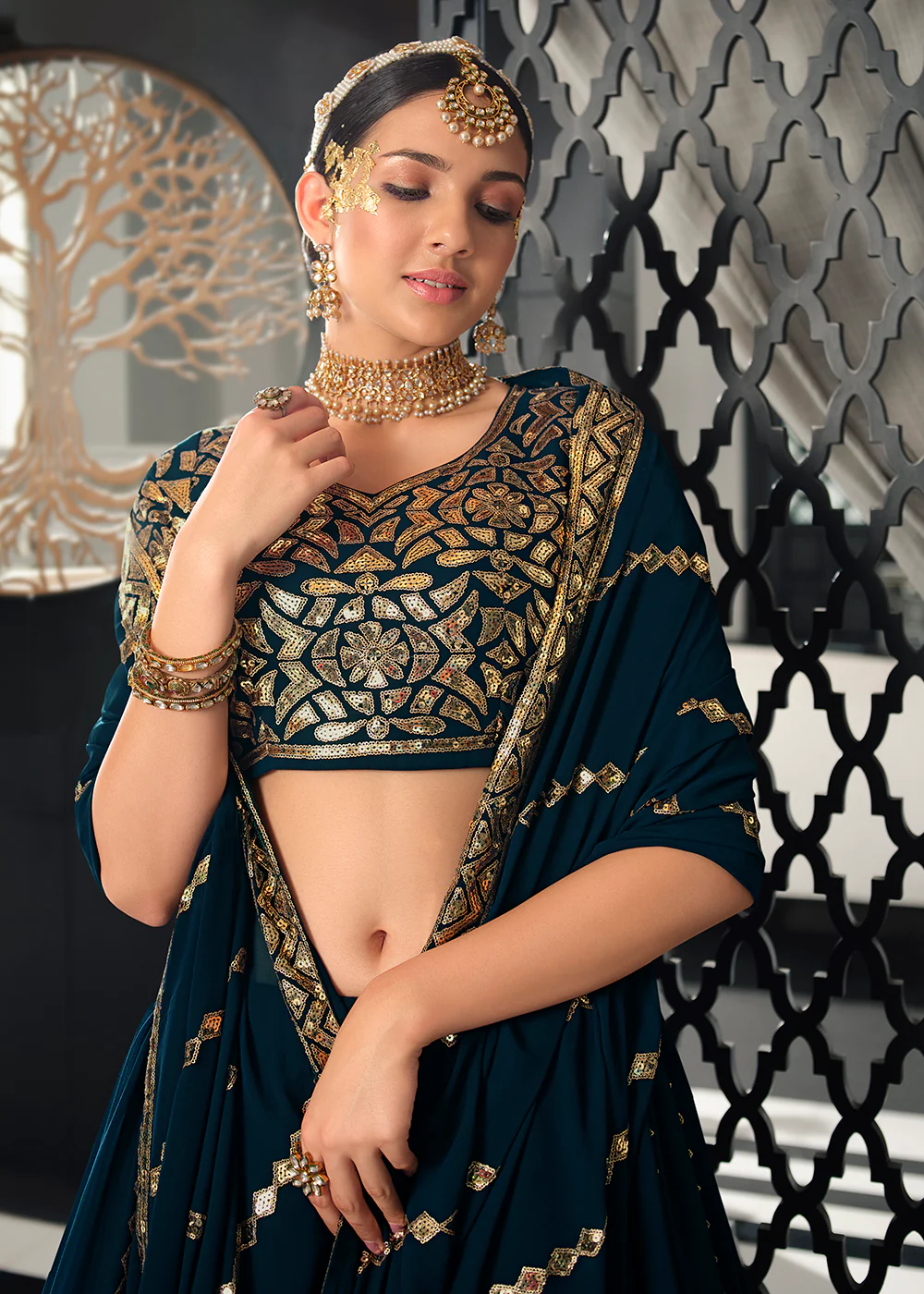 Georgette Fabric Teal Blue Bridesmaid Lehenga Choli - Image 3