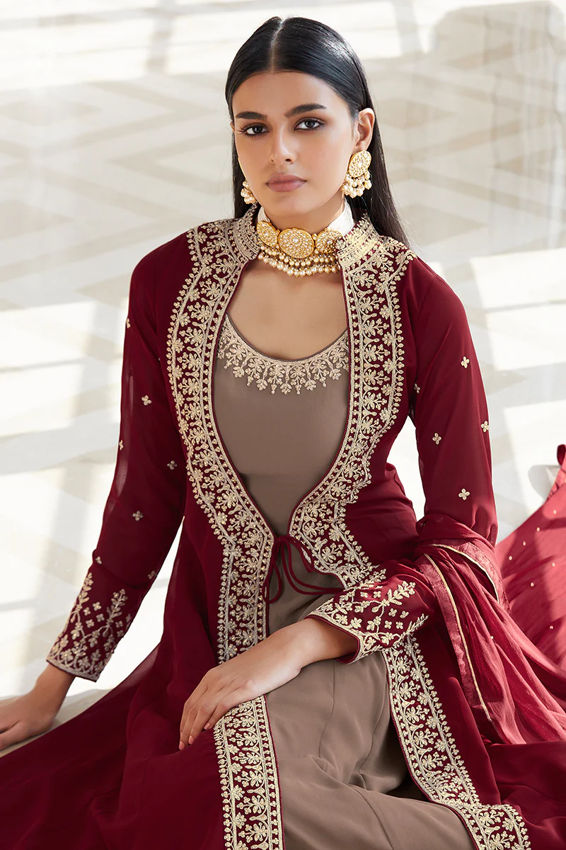 Georgette Fascinating Brown Jacket Style Anarkali Suit - Image 3