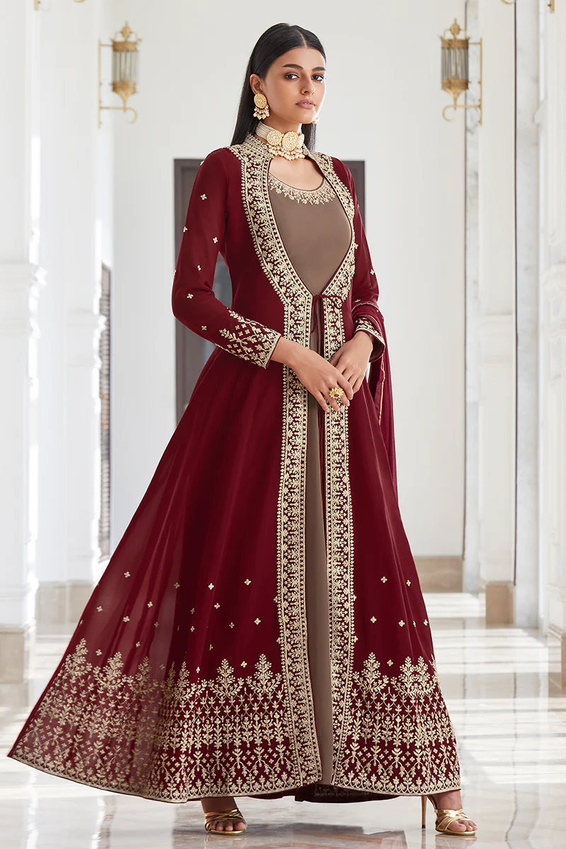 Georgette Fascinating Brown Jacket Style Anarkali Suit - Image 4