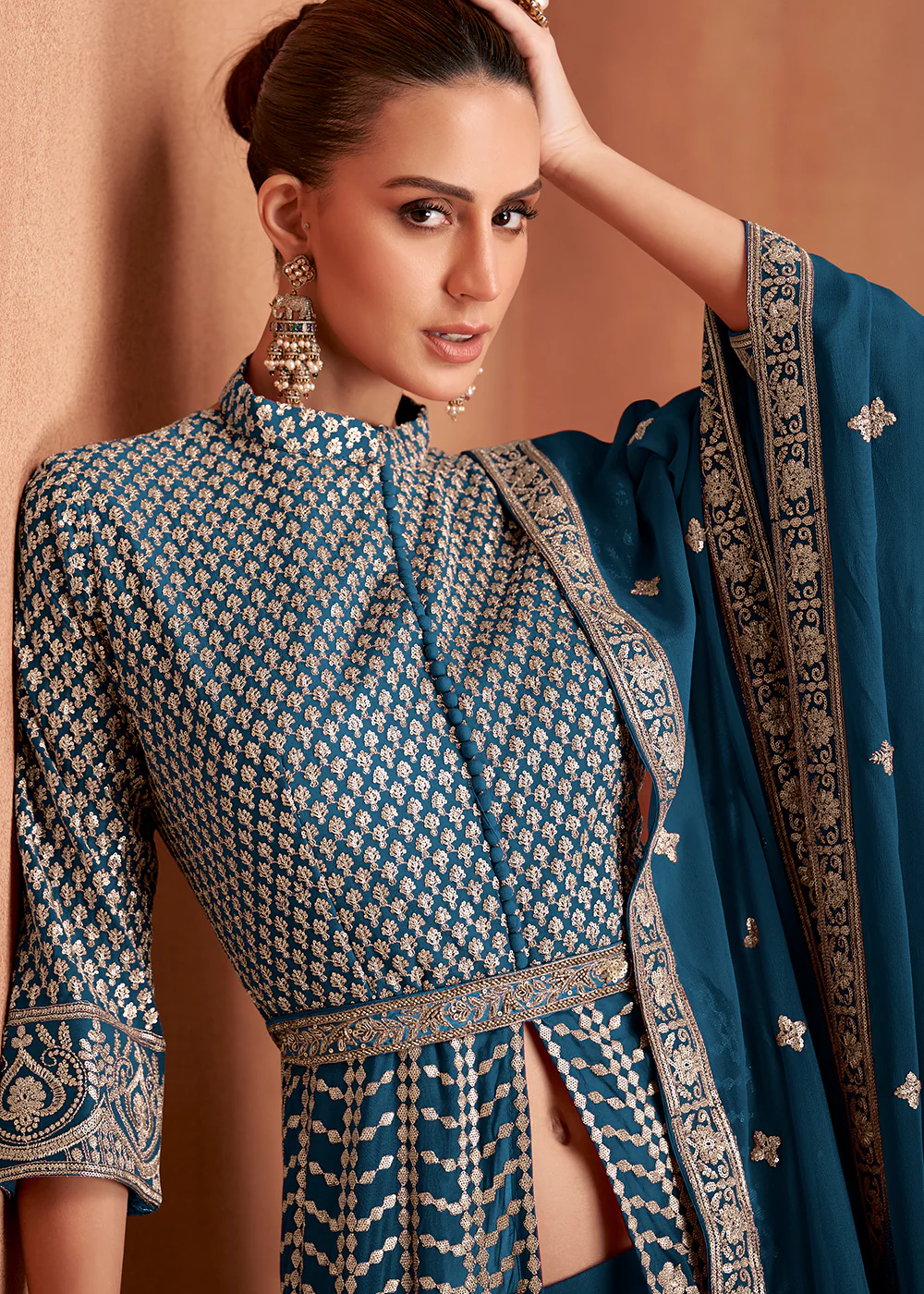 Georgette Front Slit Blue Lehenga Skirt Anarkali - Image 2