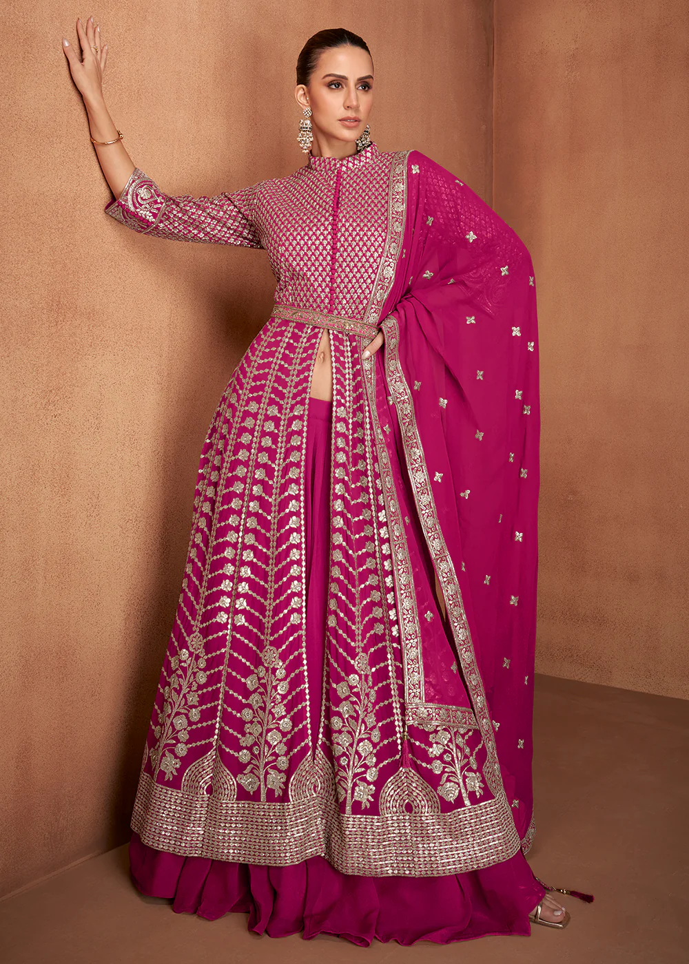 Georgette Front Slit Pink Lehenga Skirt Anarkali