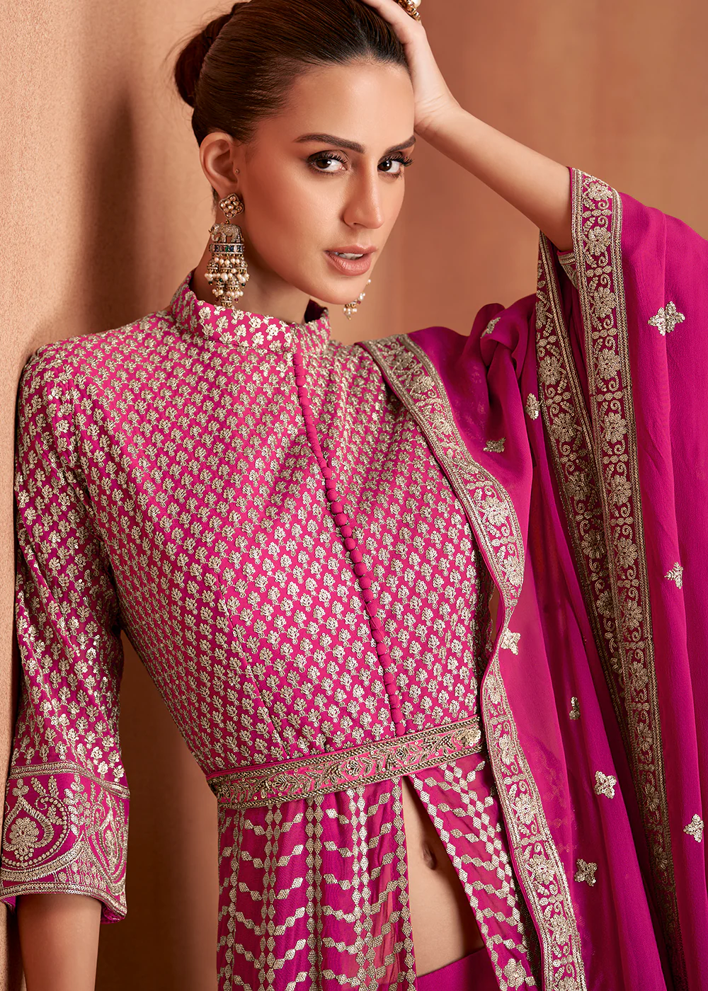 Georgette Front Slit Pink Lehenga Skirt Anarkali - Image 2