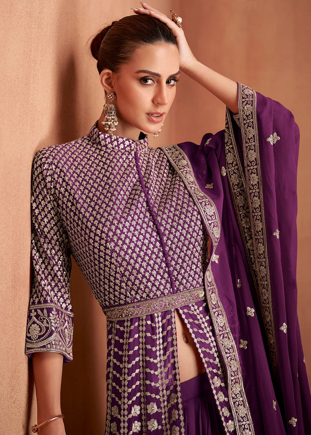 Georgette Front Slit Purple Lehenga Skirt Anarkali - Image 2