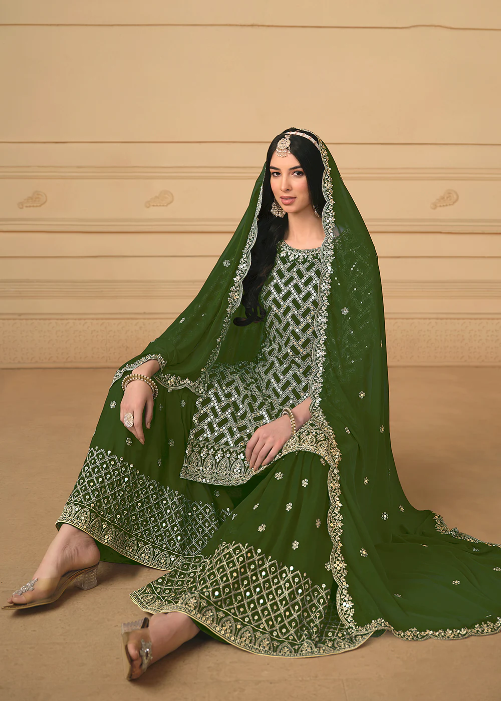 Georgette Green Embroidered Gharara Style Suit - Image 4