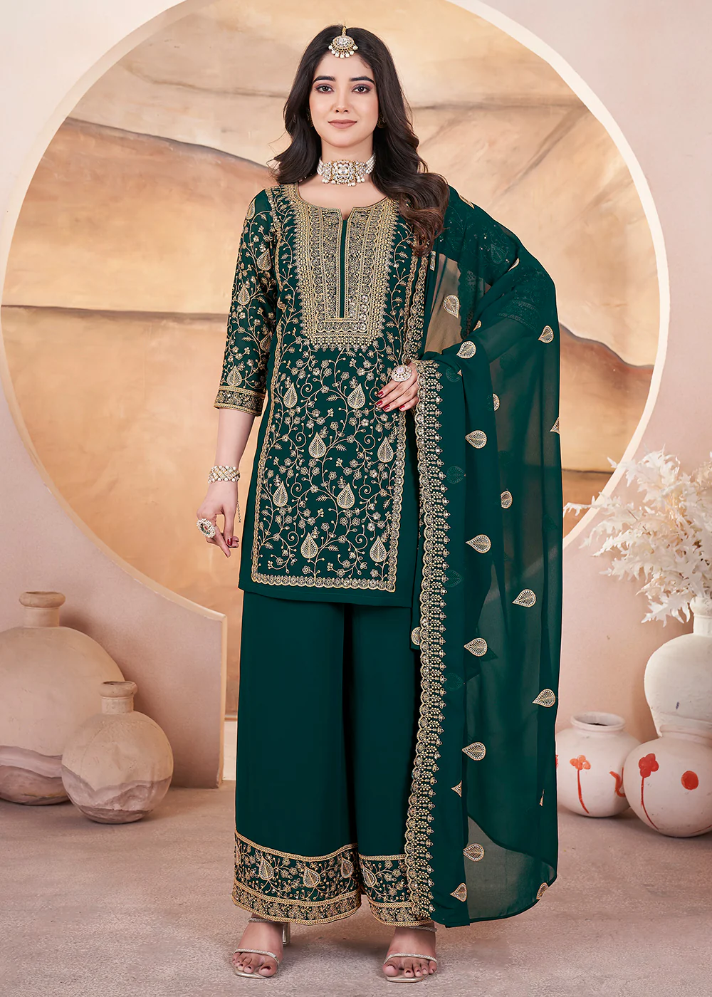Georgette Green Sequins Embroidered Festive Palazzo Suit