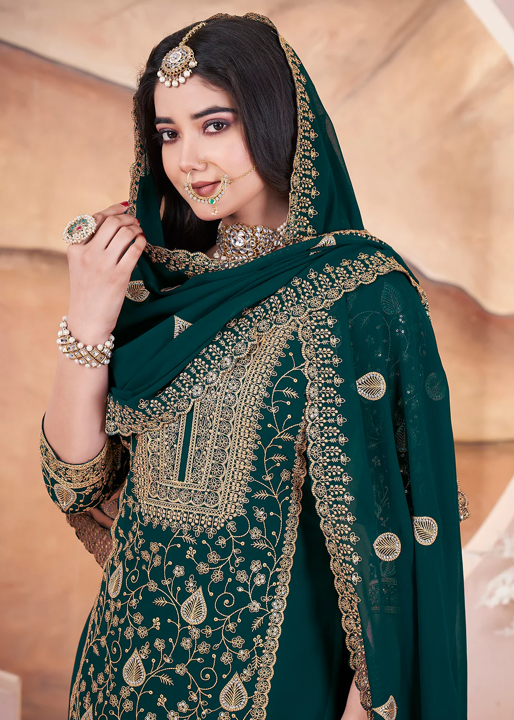 Georgette Green Sequins Embroidered Festive Palazzo Suit - Image 2
