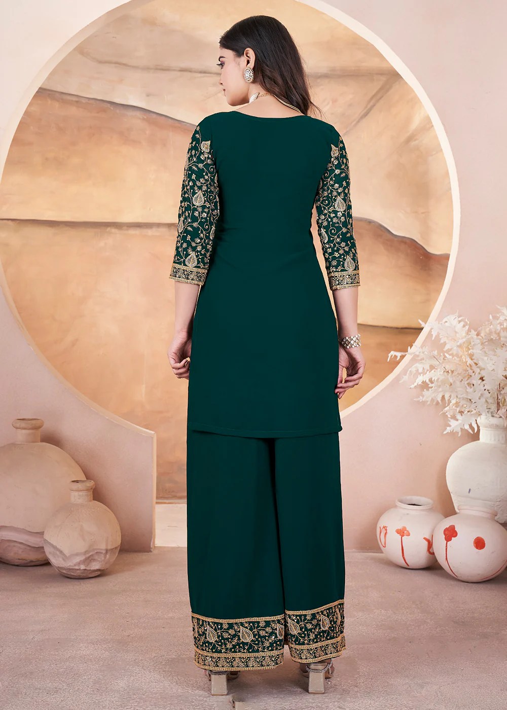 Georgette Green Sequins Embroidered Festive Palazzo Suit - Image 3