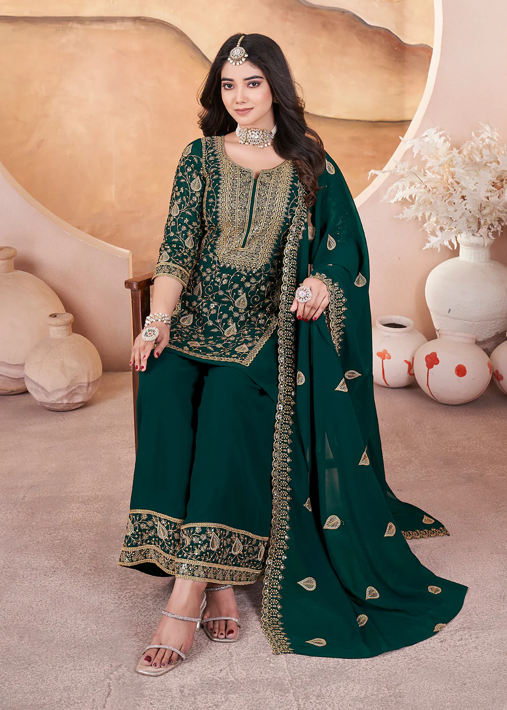 Georgette Green Sequins Embroidered Festive Palazzo Suit - Image 4