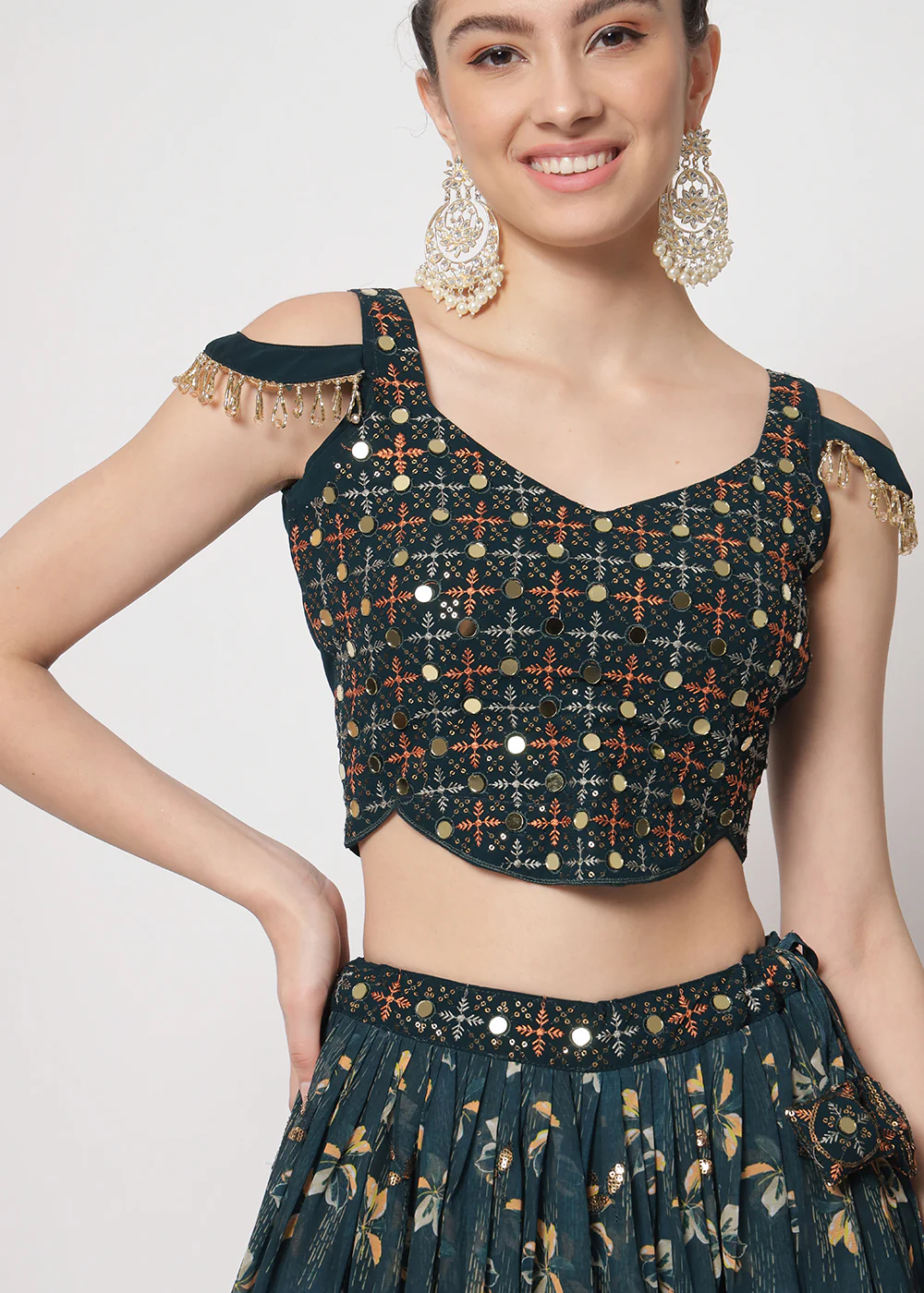 Georgette Green Sequins & Printed Wedding Party Lehenga Choli - Image 2