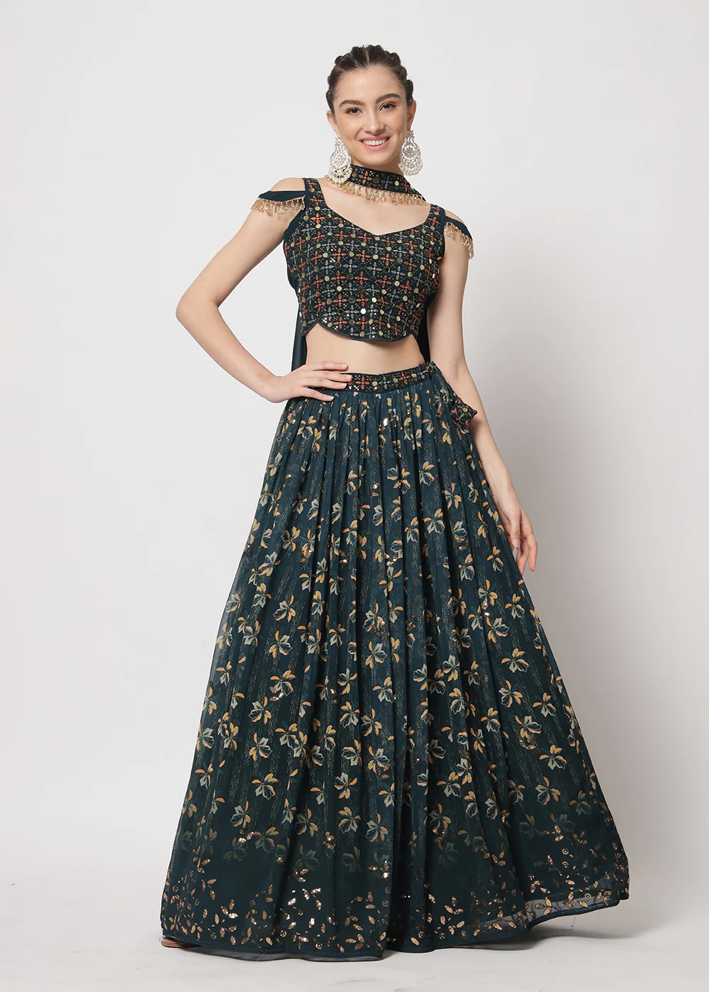 Georgette Green Sequins & Printed Wedding Party Lehenga Choli - Image 6