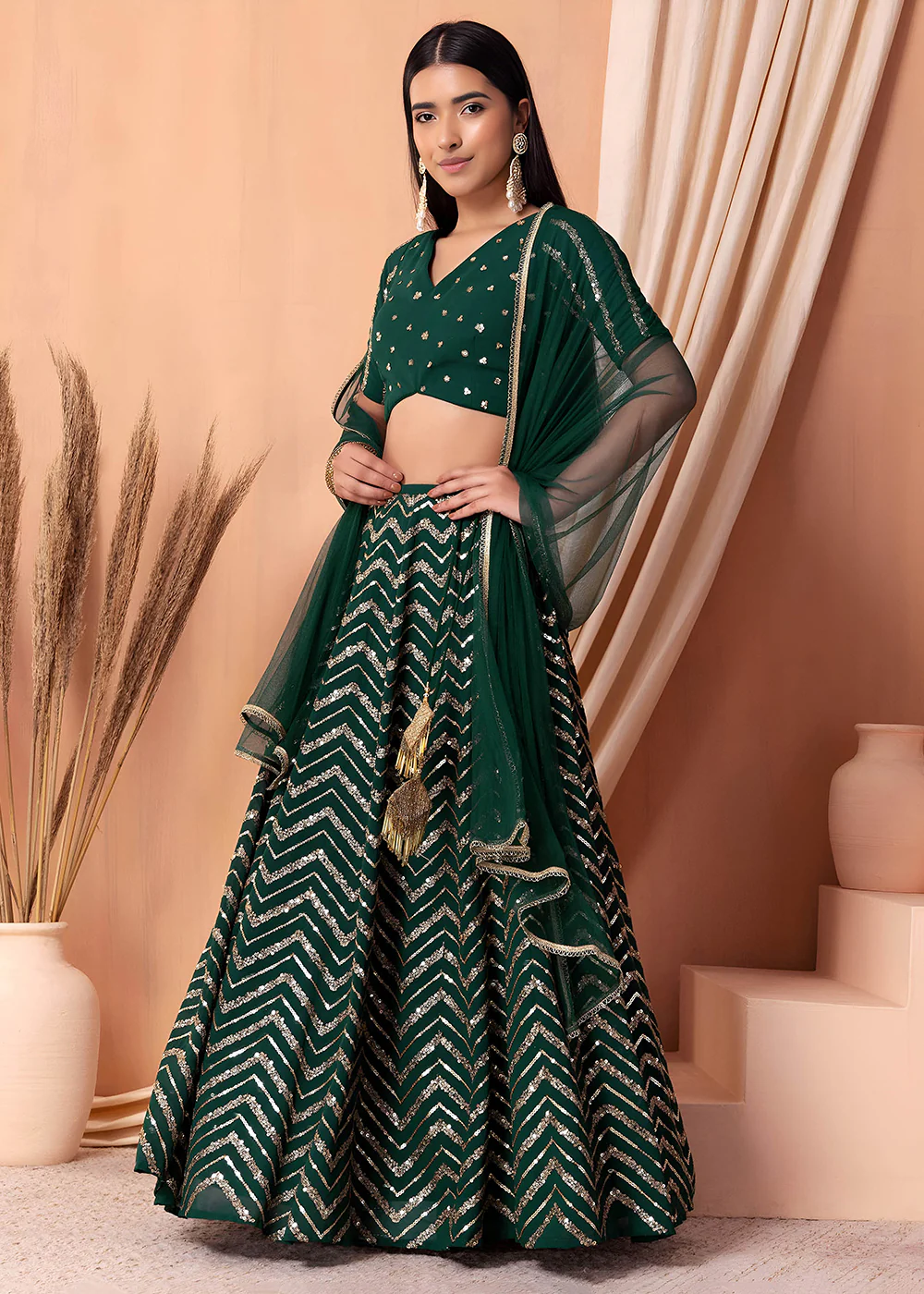 Georgette Green Zari & Sequins Wedding Festive Lehenga Choli