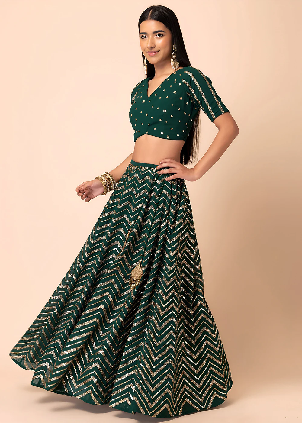 Georgette Green Zari & Sequins Wedding Festive Lehenga Choli - Image 4
