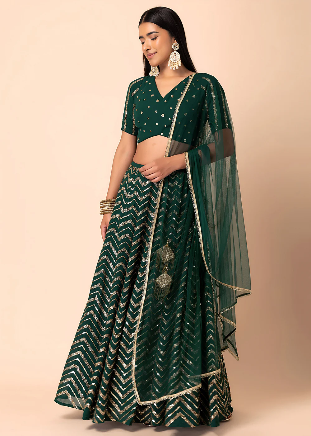 Georgette Green Zari & Sequins Wedding Festive Lehenga Choli - Image 5