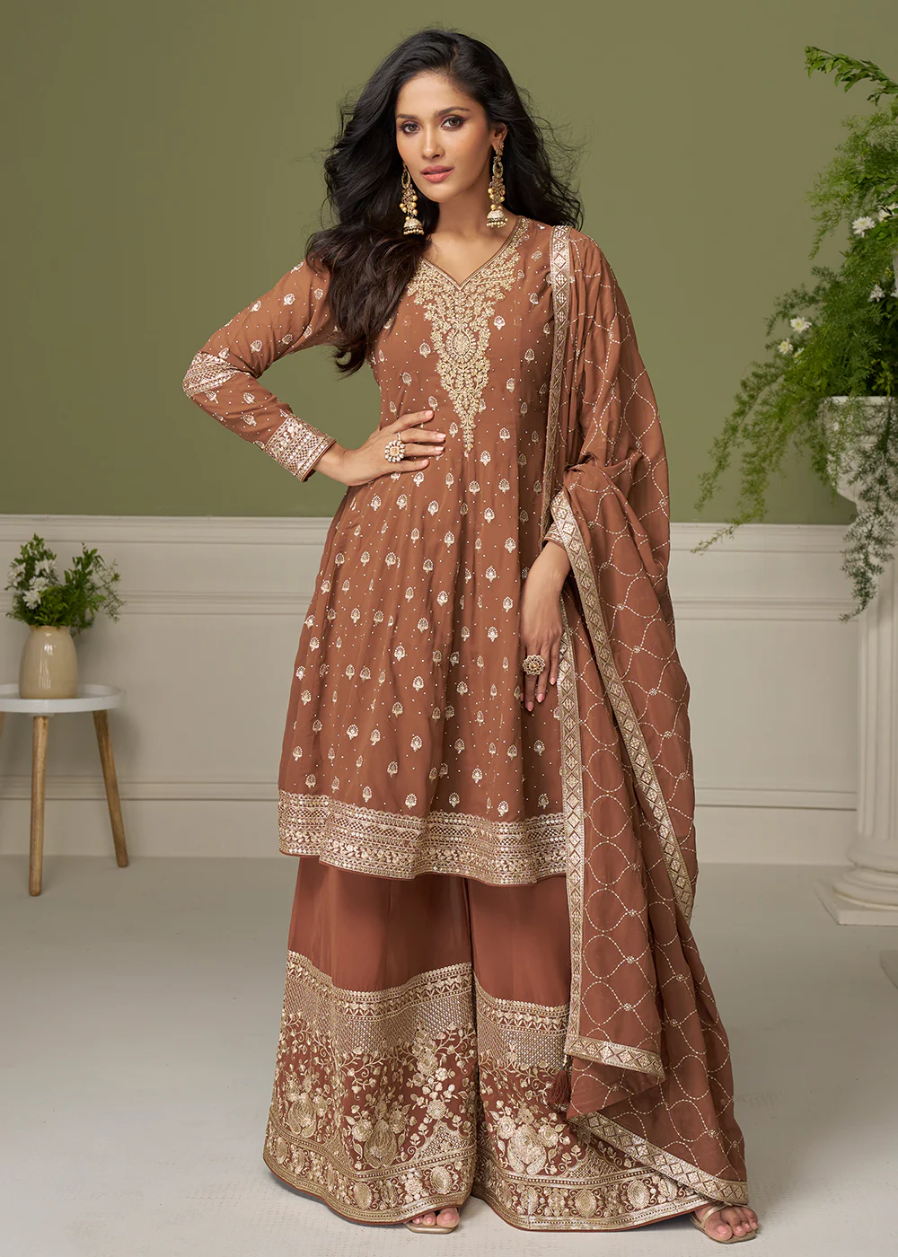 Georgette Hand Embroidered Brown Palazzo Suit