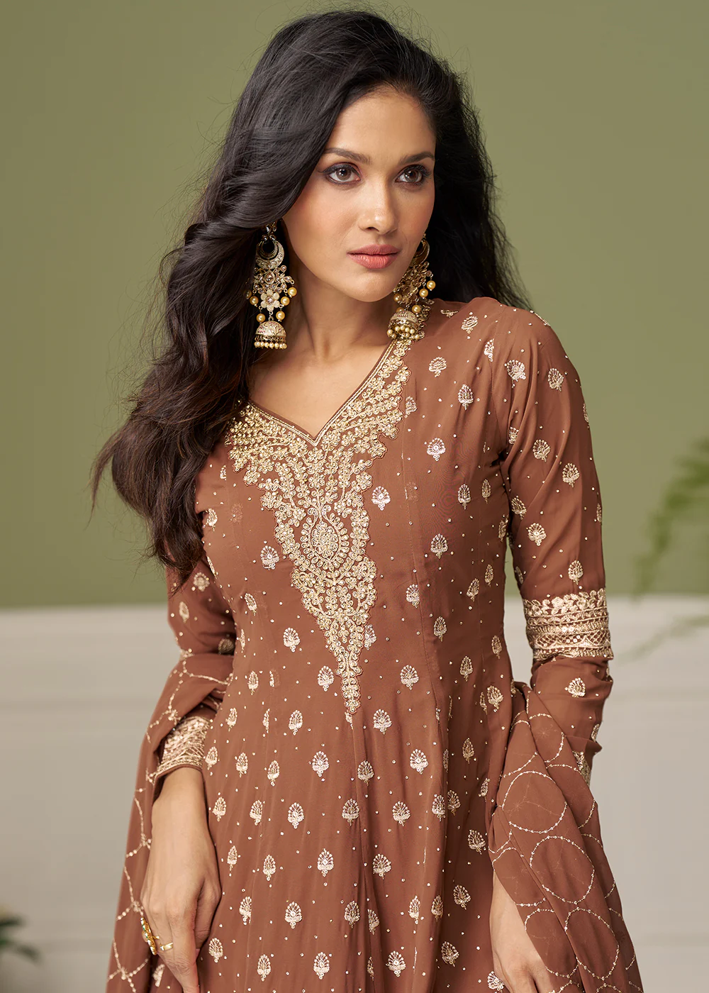 Georgette Hand Embroidered Brown Palazzo Suit - Image 2