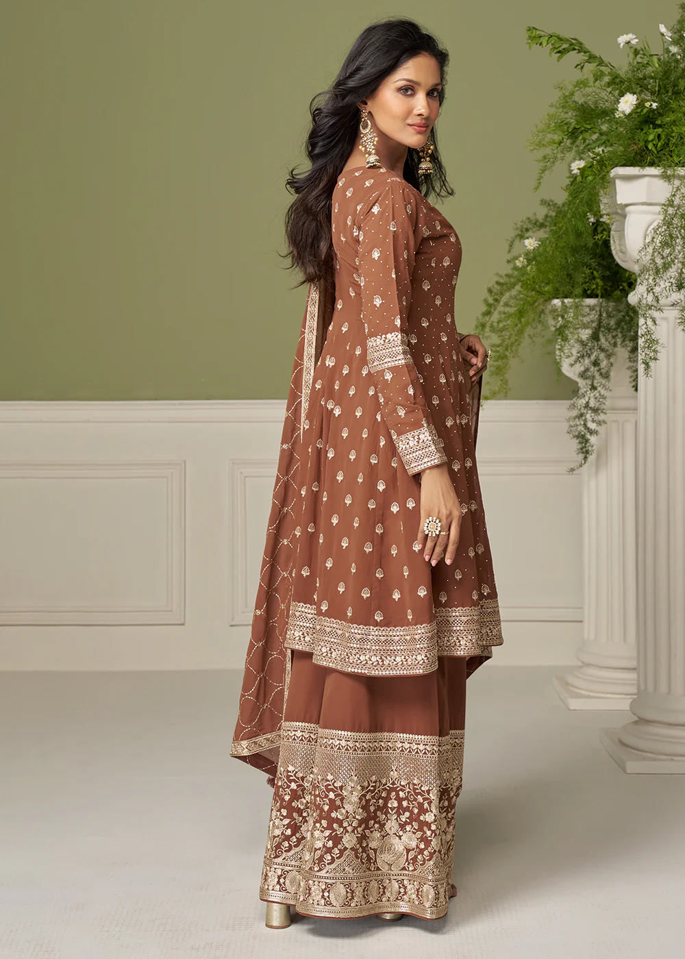 Georgette Hand Embroidered Brown Palazzo Suit - Image 3