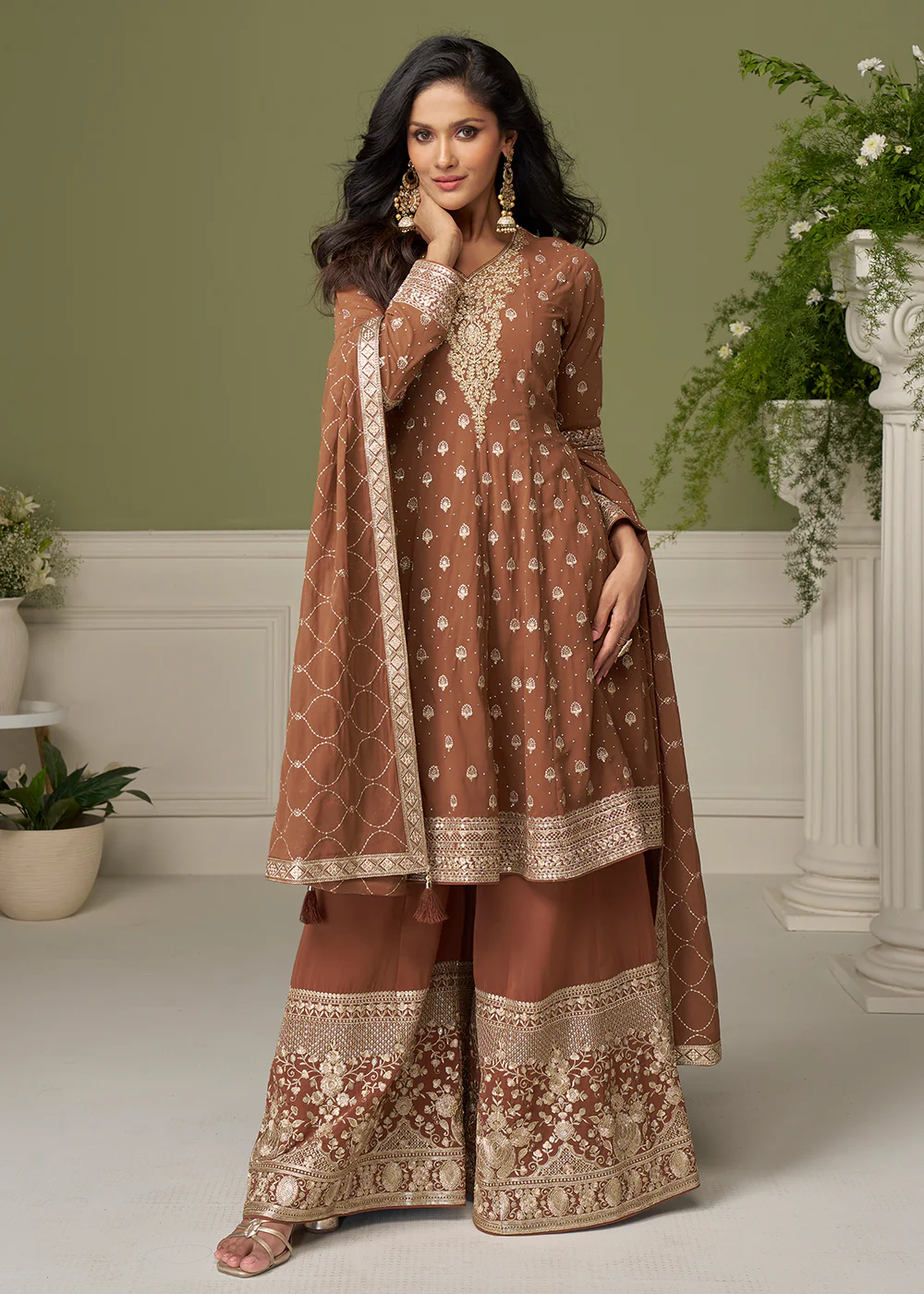 Georgette Hand Embroidered Brown Palazzo Suit - Image 4