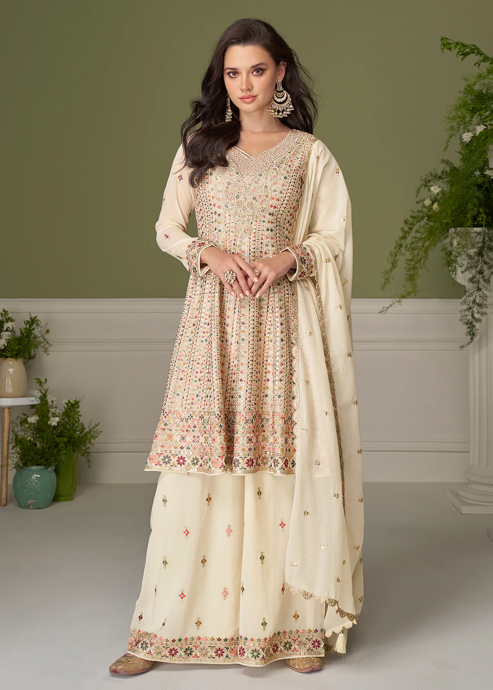 Georgette Hand Embroidered Cream Palazzo Suit