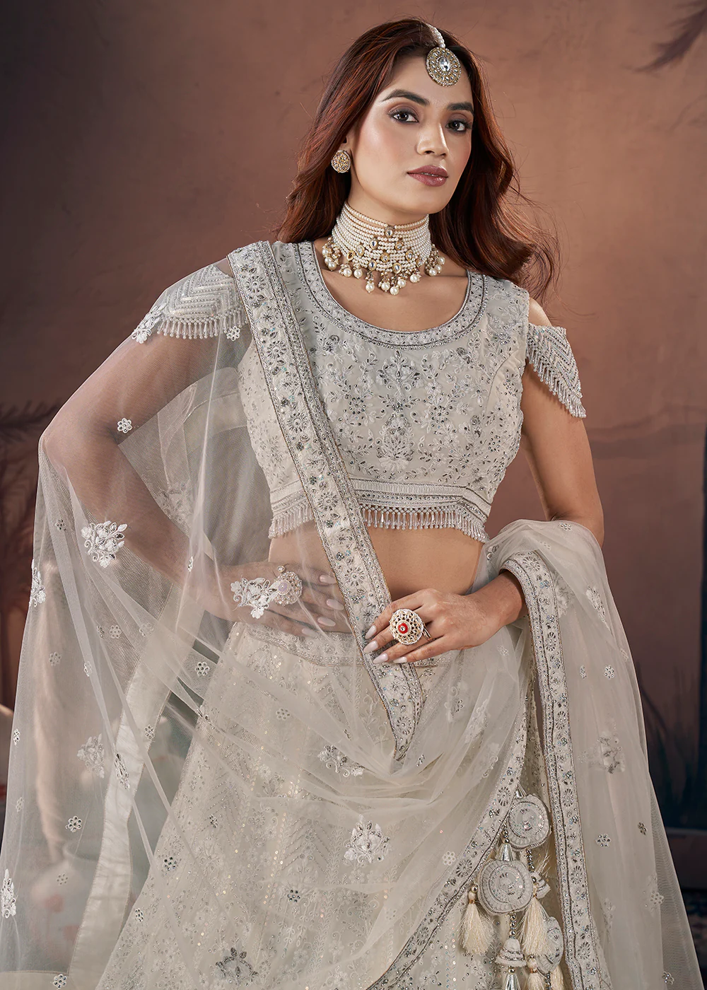 Georgette Heavy Off White Handwork Bridal Lehenga Choli - Image 2