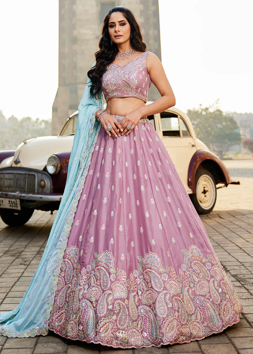 Georgette Lavender Embroidered Wedding Wear Lehenga Choli