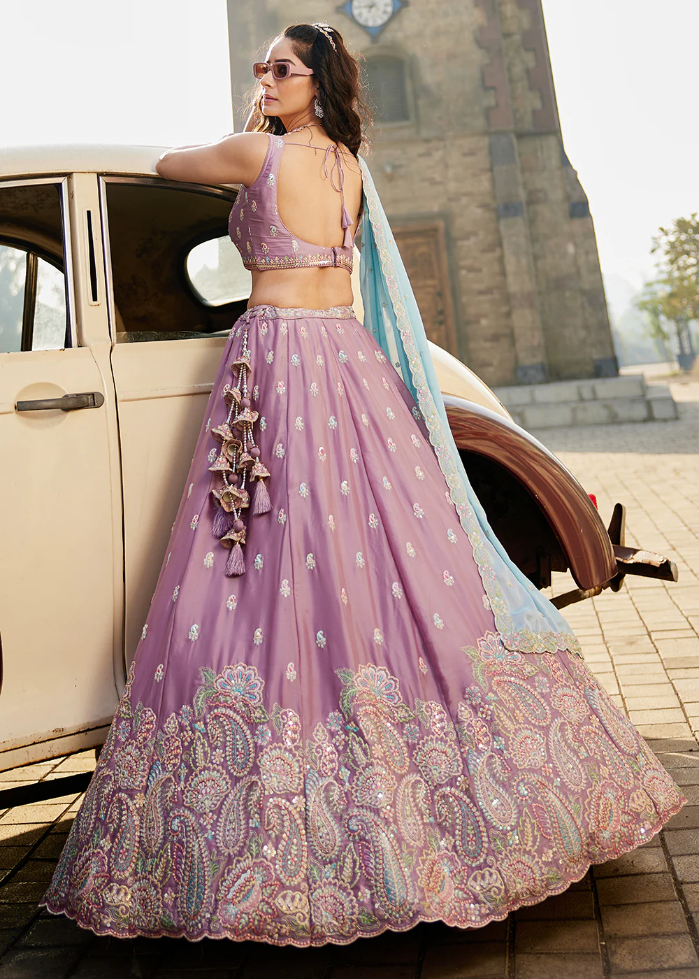 Georgette Lavender Embroidered Wedding Wear Lehenga Choli - Image 3