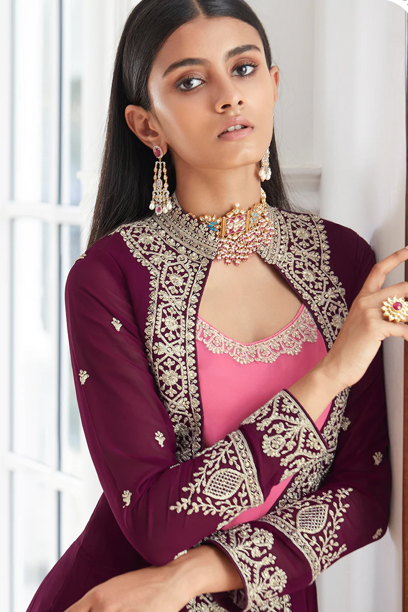 Georgette Magnificent Pink Jacket Style Anarkali Suit - Image 3