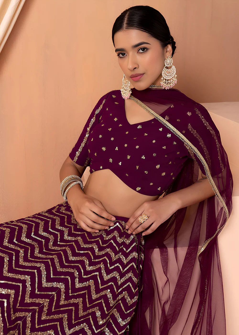 Georgette Maroon Zari & Sequins Wedding Festive Lehenga Choli - Image 2