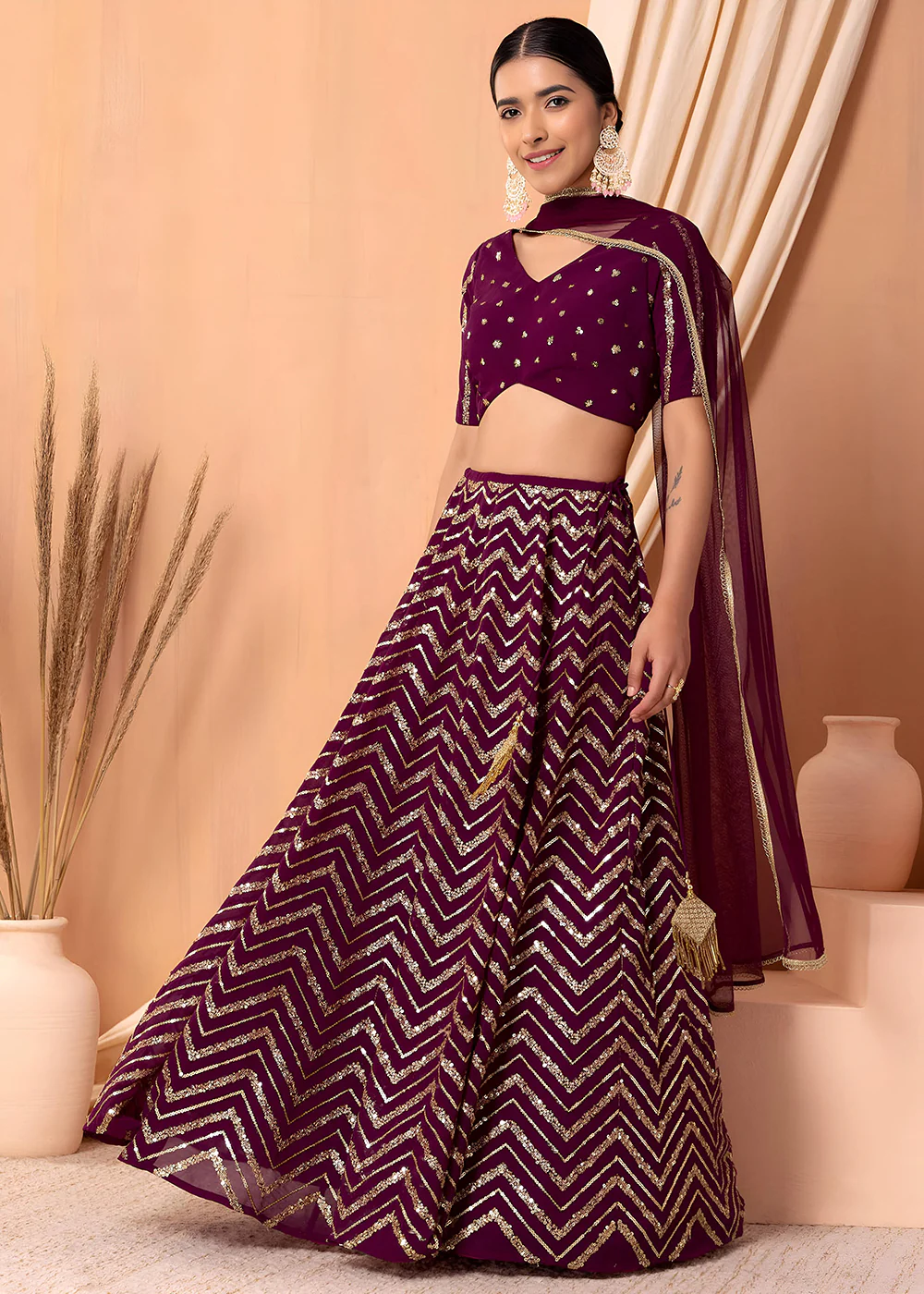 Georgette Maroon Zari & Sequins Wedding Festive Lehenga Choli - Image 4
