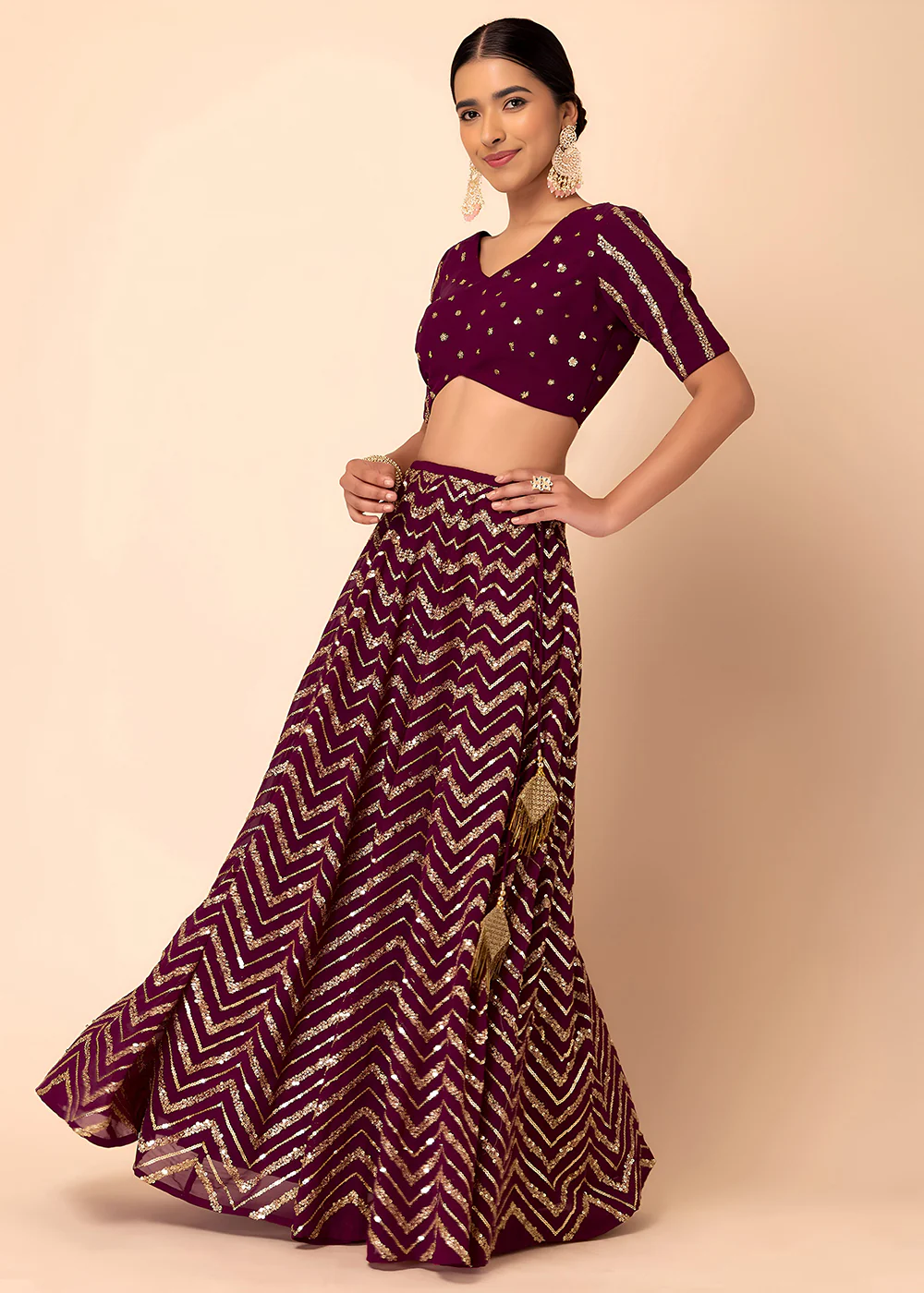 Georgette Maroon Zari & Sequins Wedding Festive Lehenga Choli - Image 5