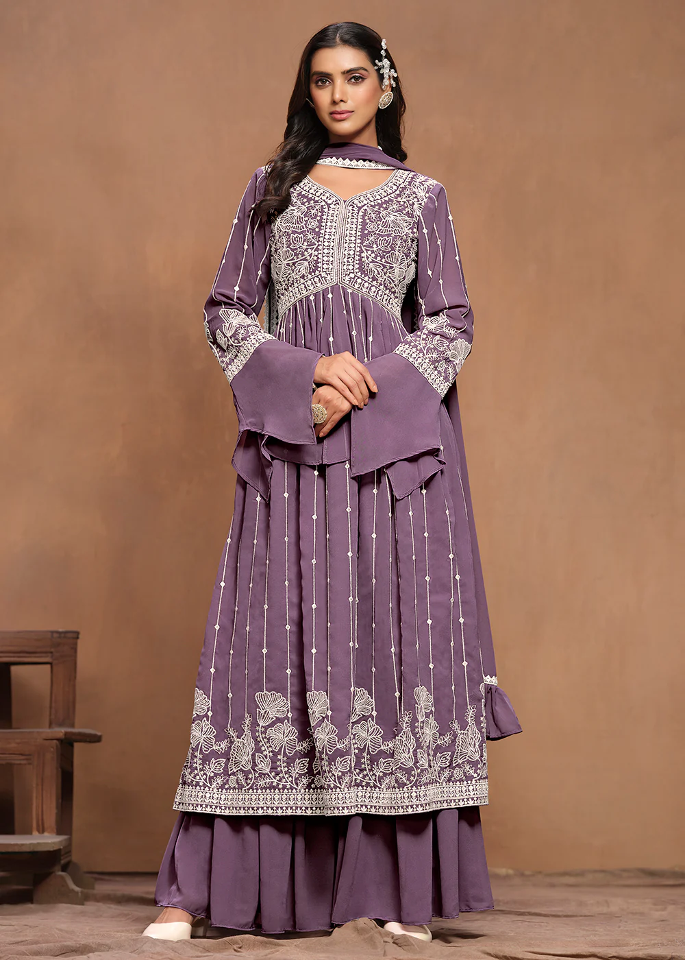 Georgette Mauve Purple Embroidered Festive Palazzo Suit
