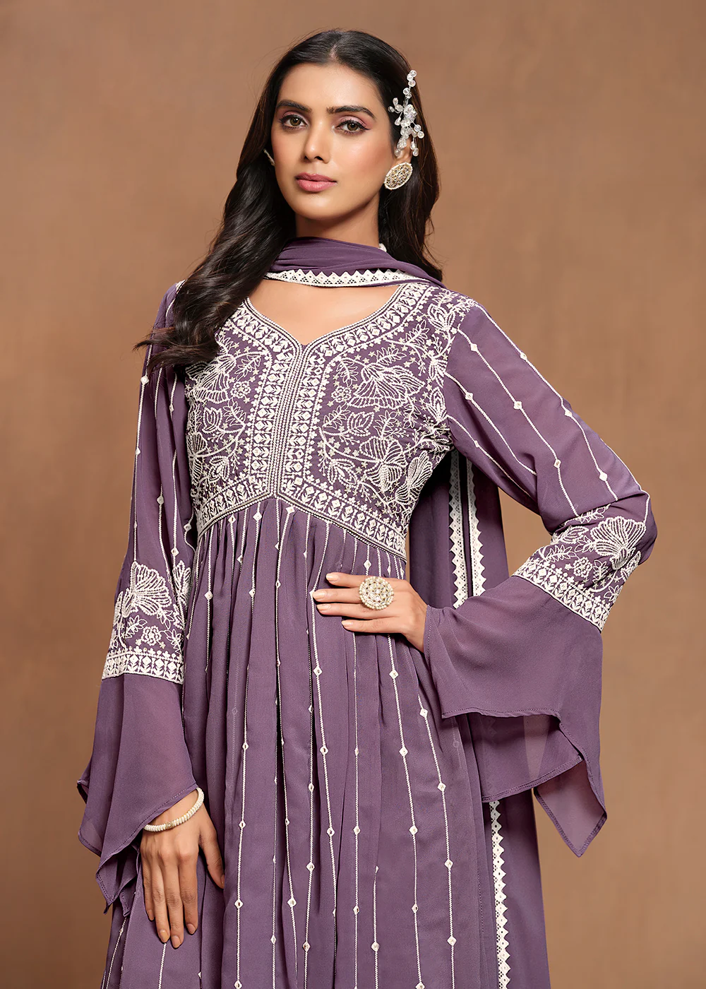 Georgette Mauve Purple Embroidered Festive Palazzo Suit - Image 2