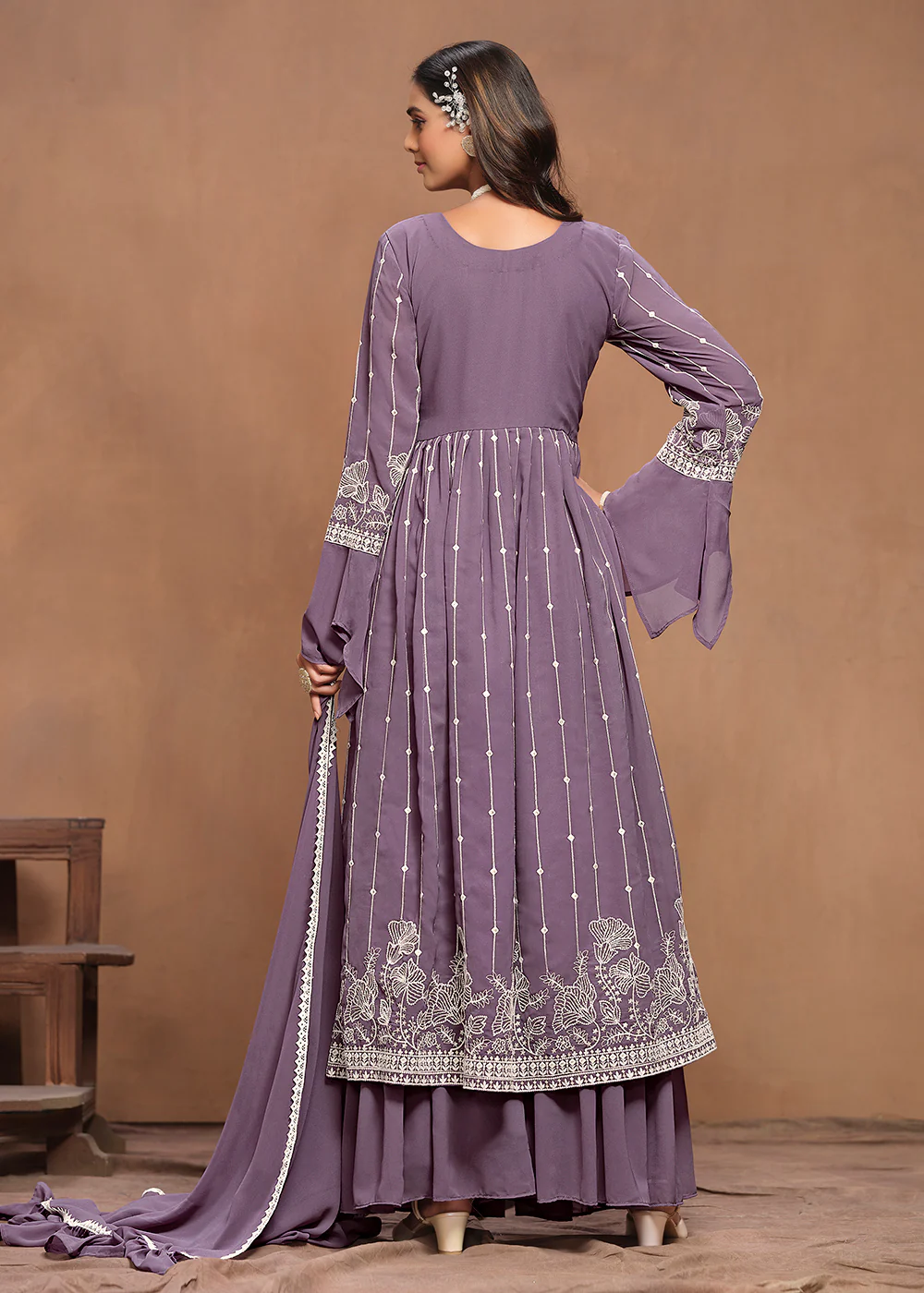 Georgette Mauve Purple Embroidered Festive Palazzo Suit - Image 3