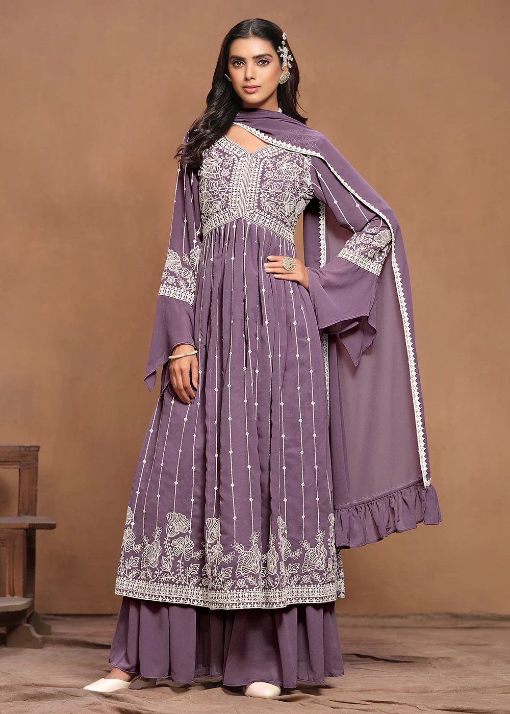 Georgette Mauve Purple Embroidered Festive Palazzo Suit - Image 4