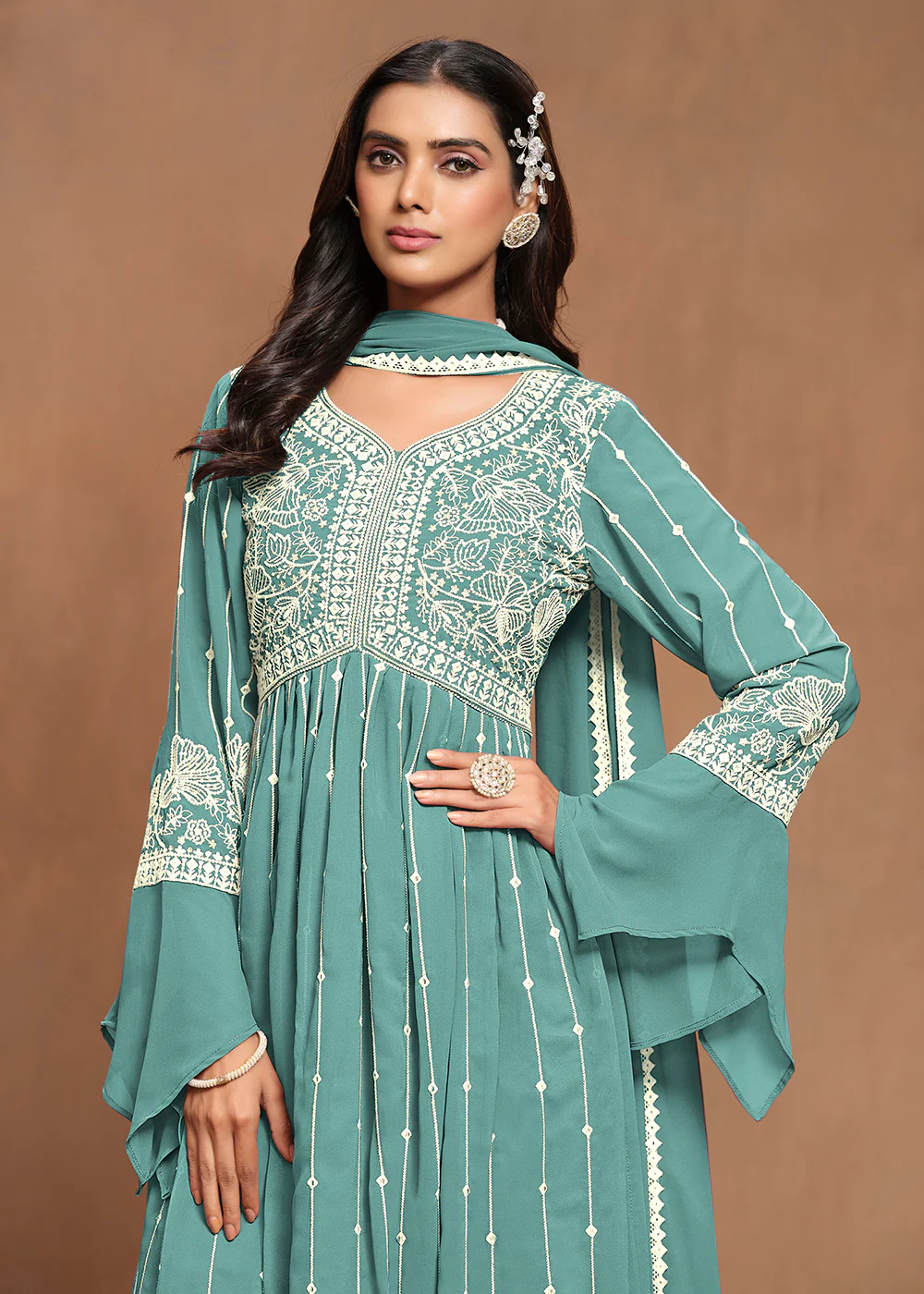 Georgette Mint Teal Embroidered Festive Palazzo Suit - Image 2