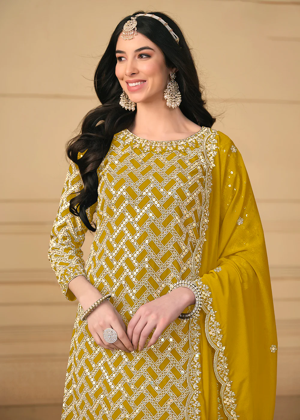 Georgette Mustard Embroidered Gharara Style Suit - Image 2