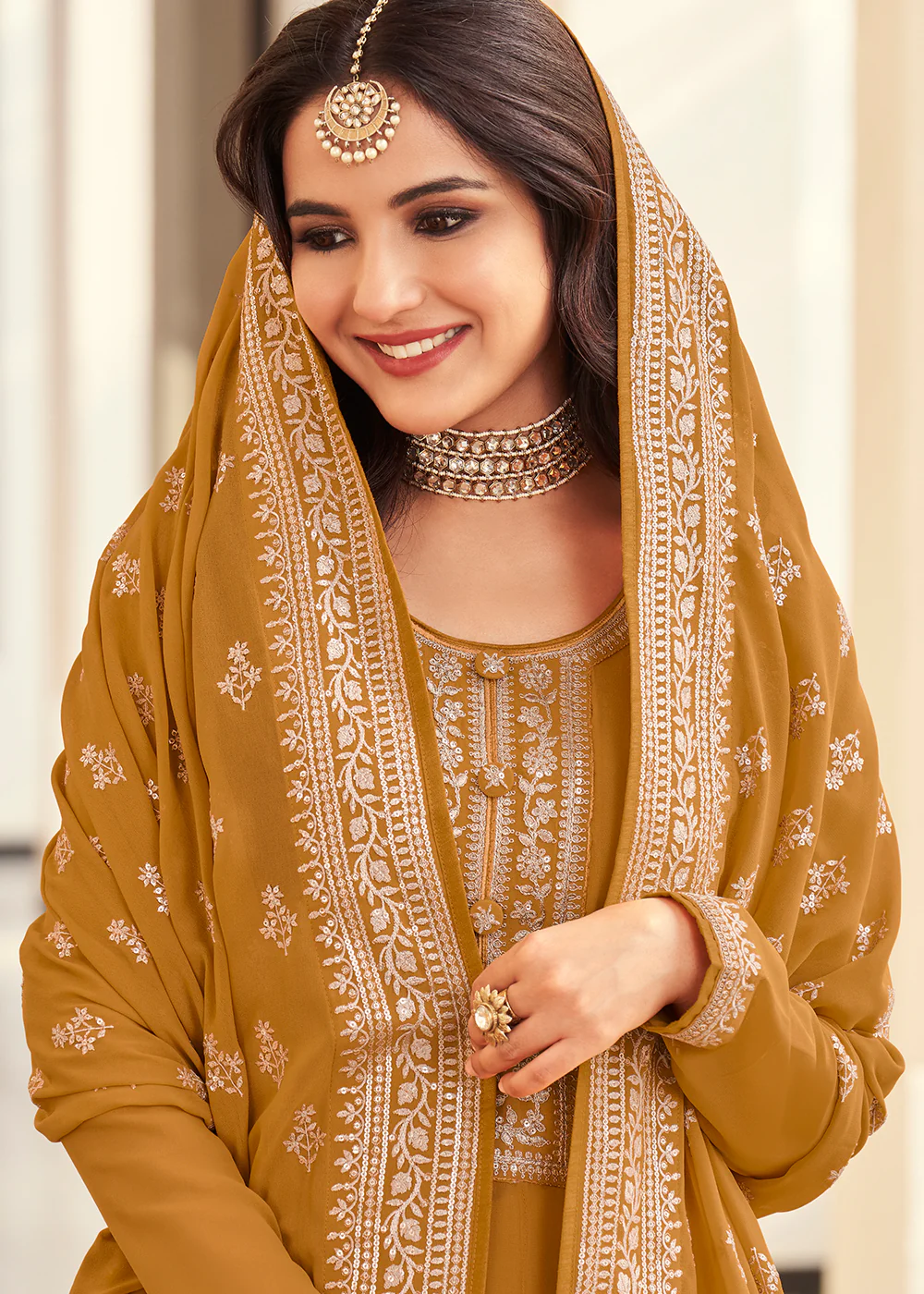 Georgette Mustard Yellow Embroidered Indian Long Anarkali Dress - Image 2
