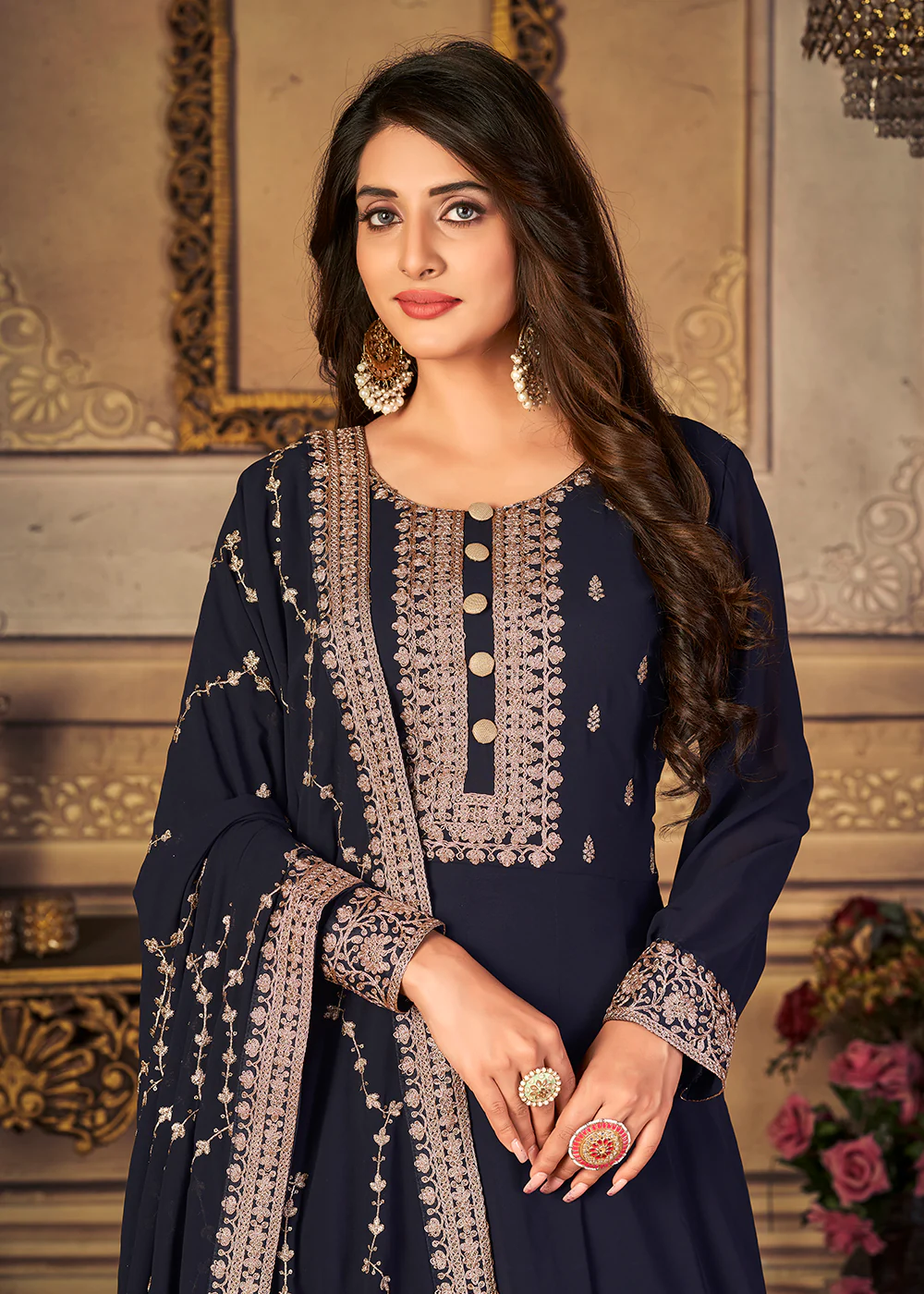Georgette Navy Blue Embellished Wedding Fest Anarkali Suit - Image 2