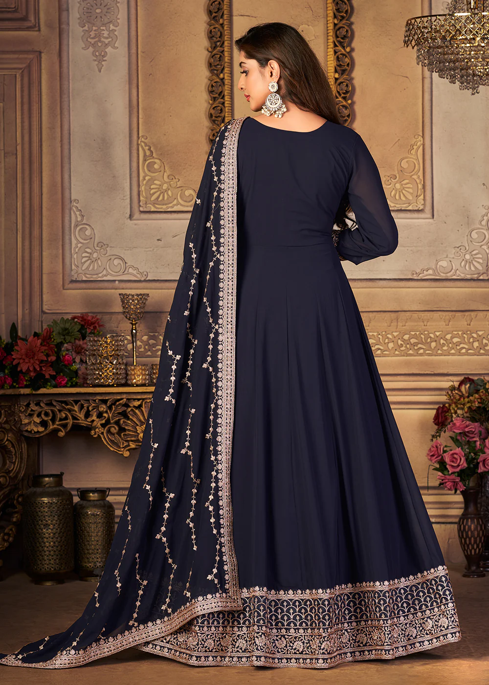 Georgette Navy Blue Embellished Wedding Fest Anarkali Suit - Image 3