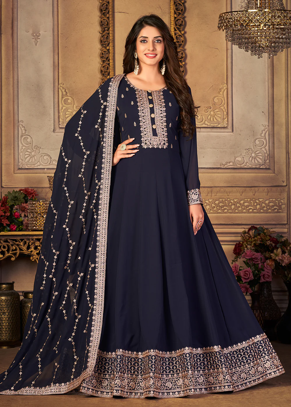 Georgette Navy Blue Embellished Wedding Fest Anarkali Suit - Image 4