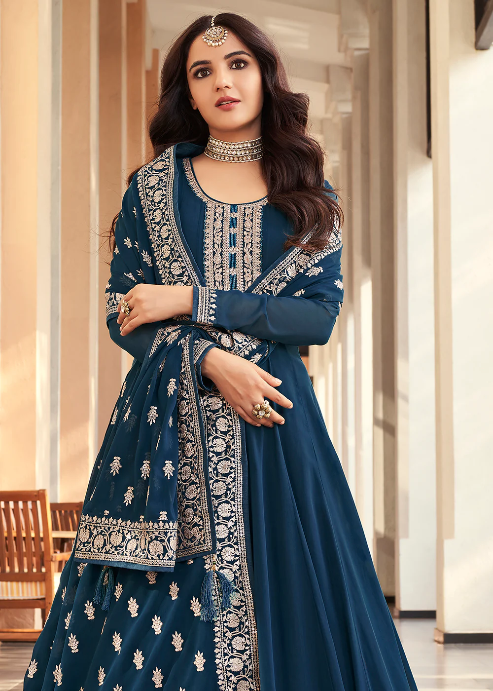Georgette Navy Blue Embroidered Indian Long Anarkali Dress - Image 3