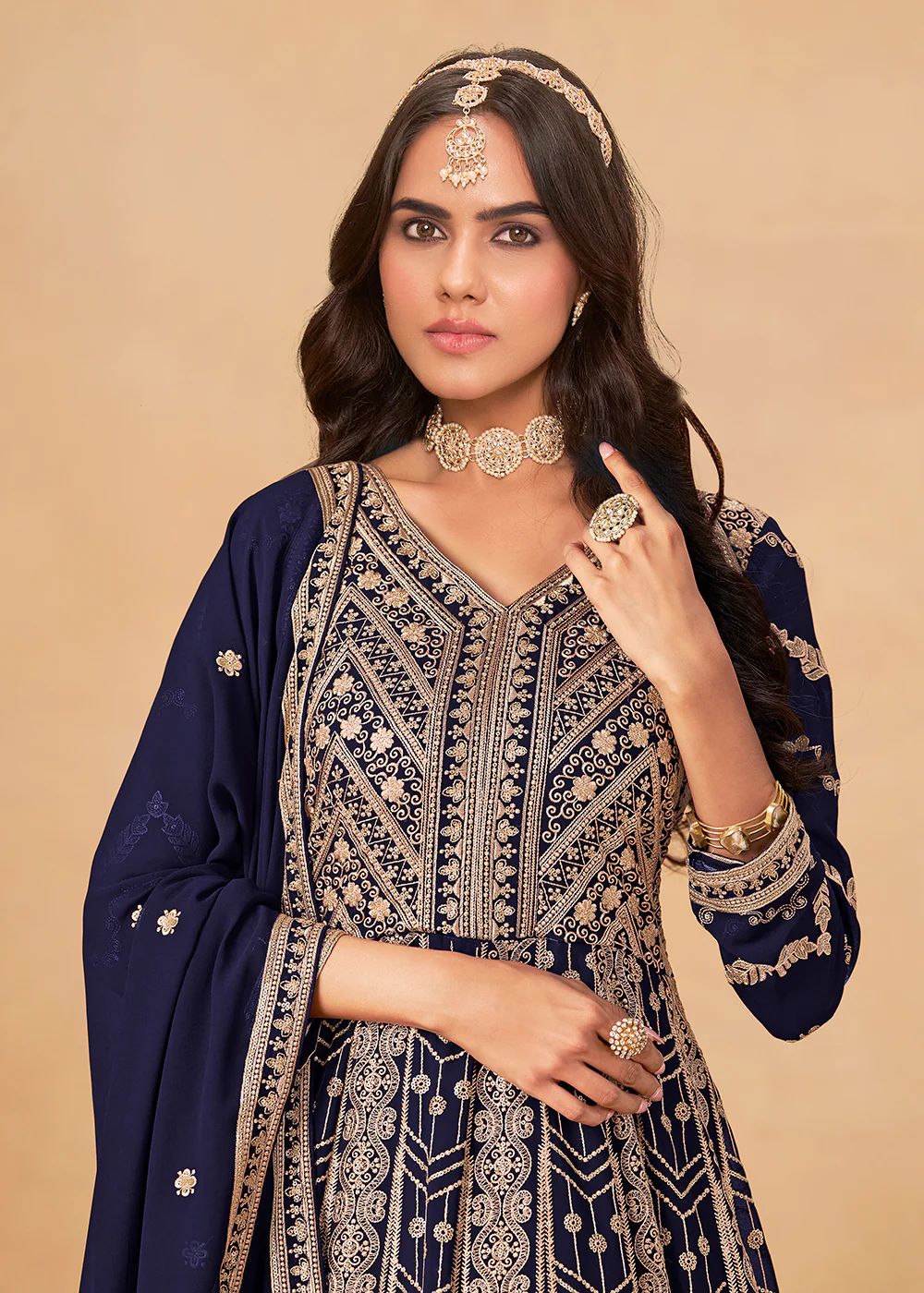 Georgette Navy Blue Embroidered Wedding Anarkali Suit - Image 2