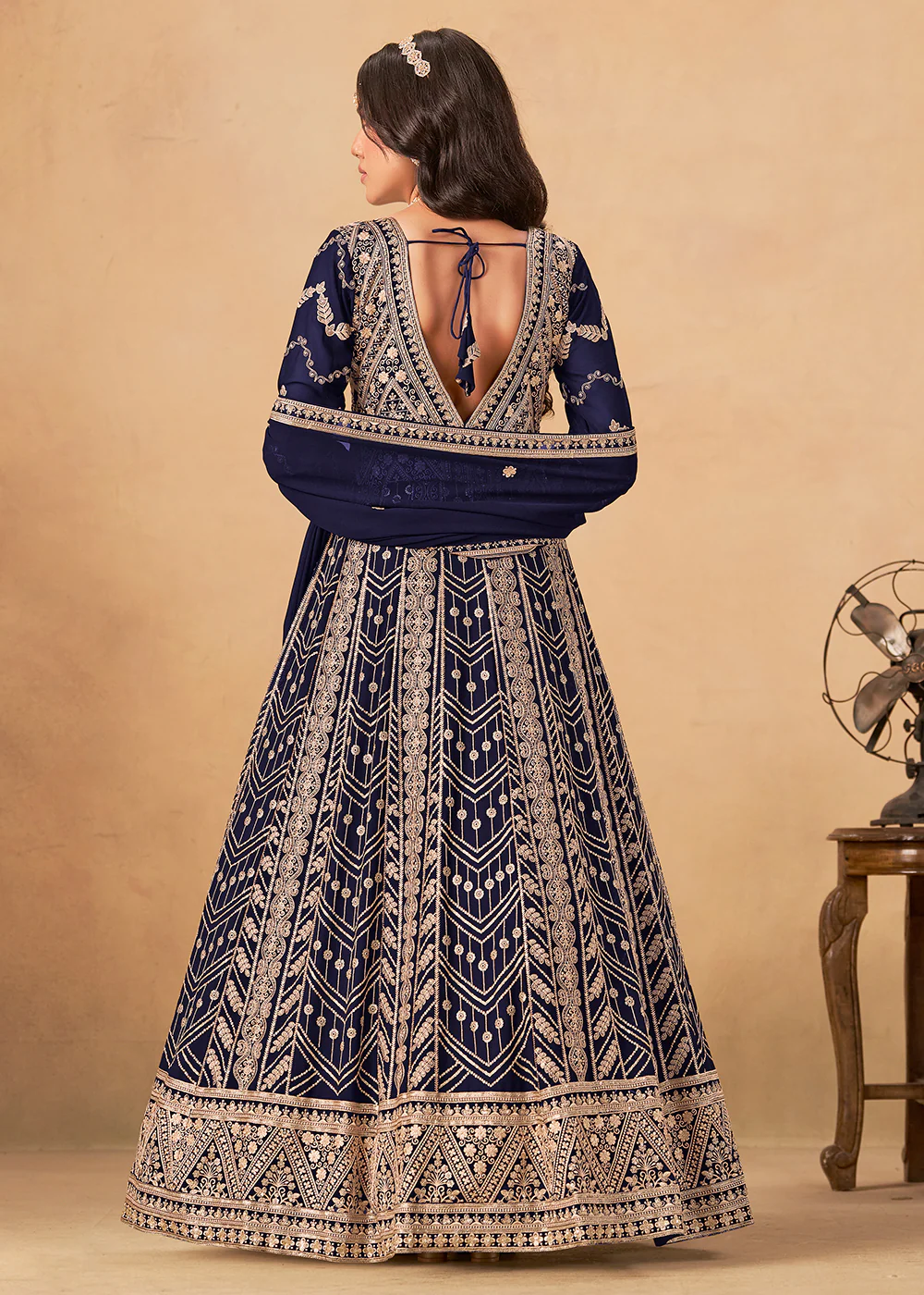 Georgette Navy Blue Embroidered Wedding Anarkali Suit - Image 3