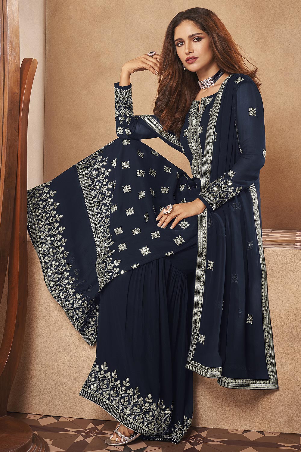 Georgette Navy Blue Mirror Embroidered Sharara Suit - Image 3