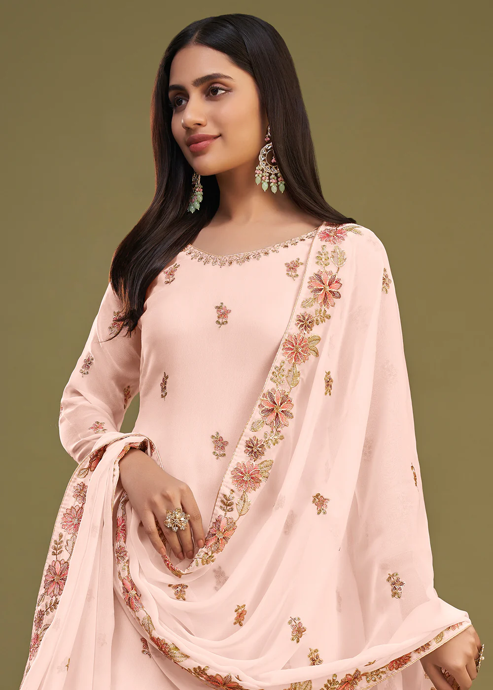 Georgette Peach Multi Thread Embroidered Gharara Suit - Image 2