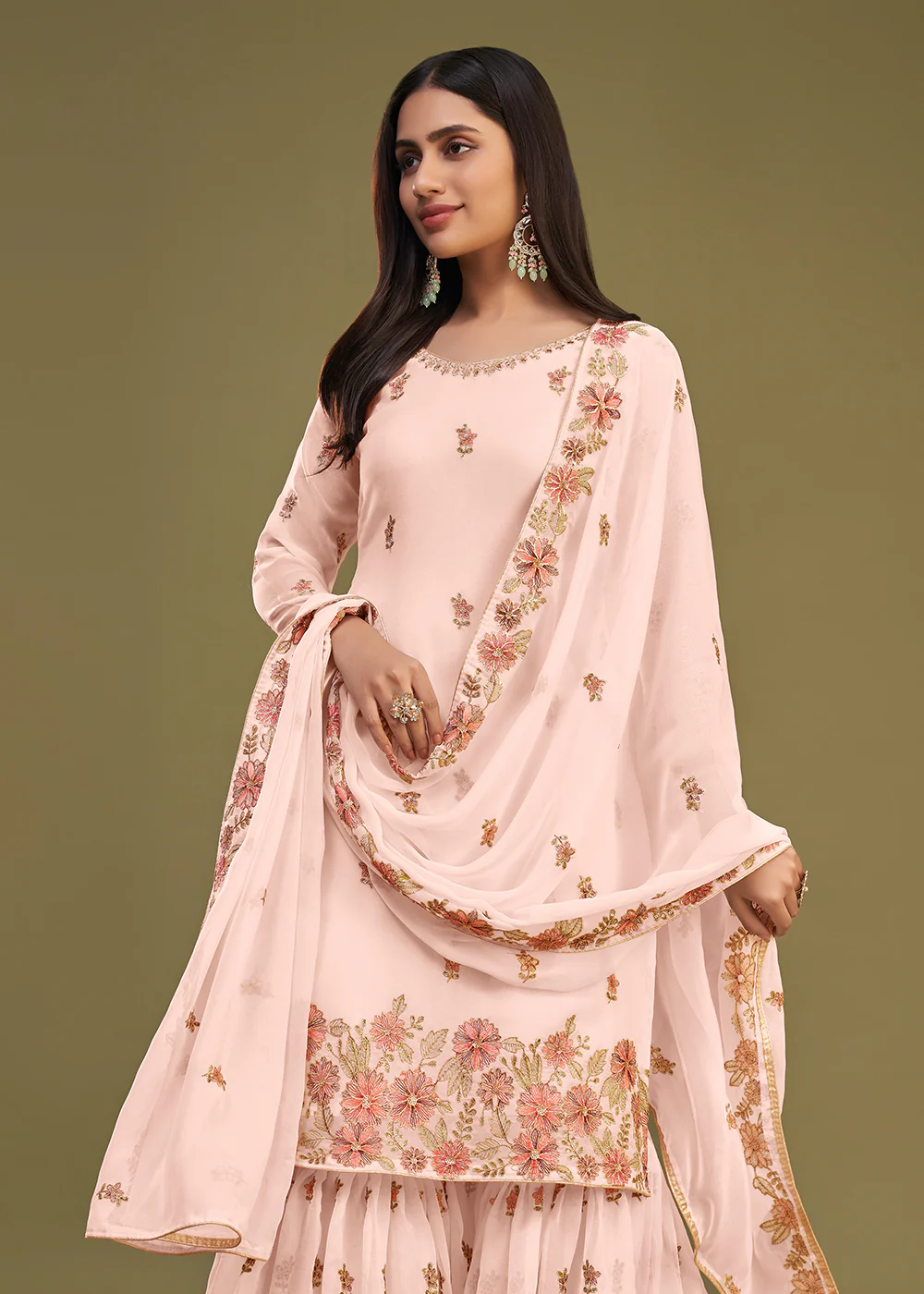 Georgette Peach Multi Thread Embroidered Gharara Suit - Image 3