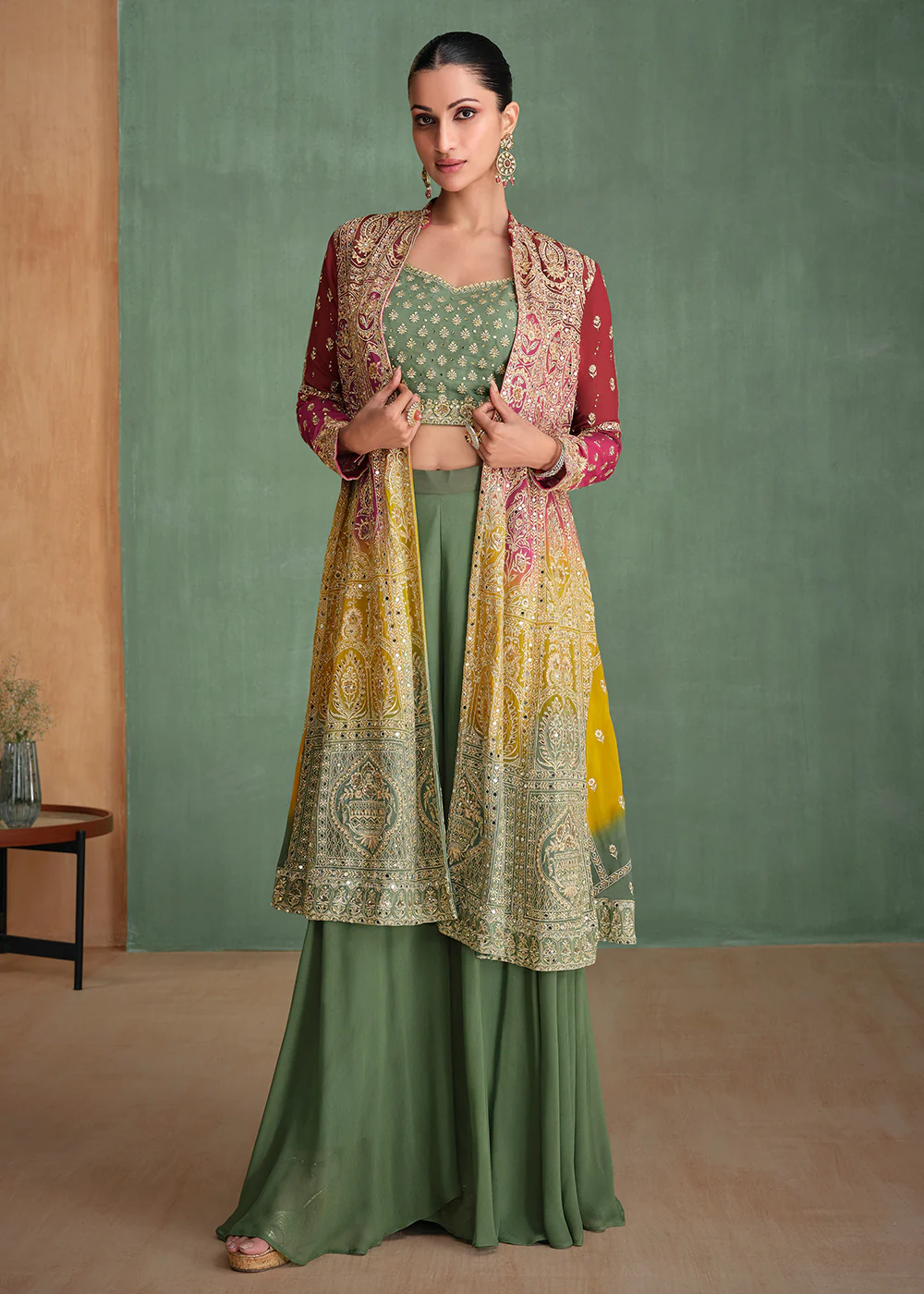 Georgette Pink & Green Ombre Jacket Style Sharara Suit - Image 3