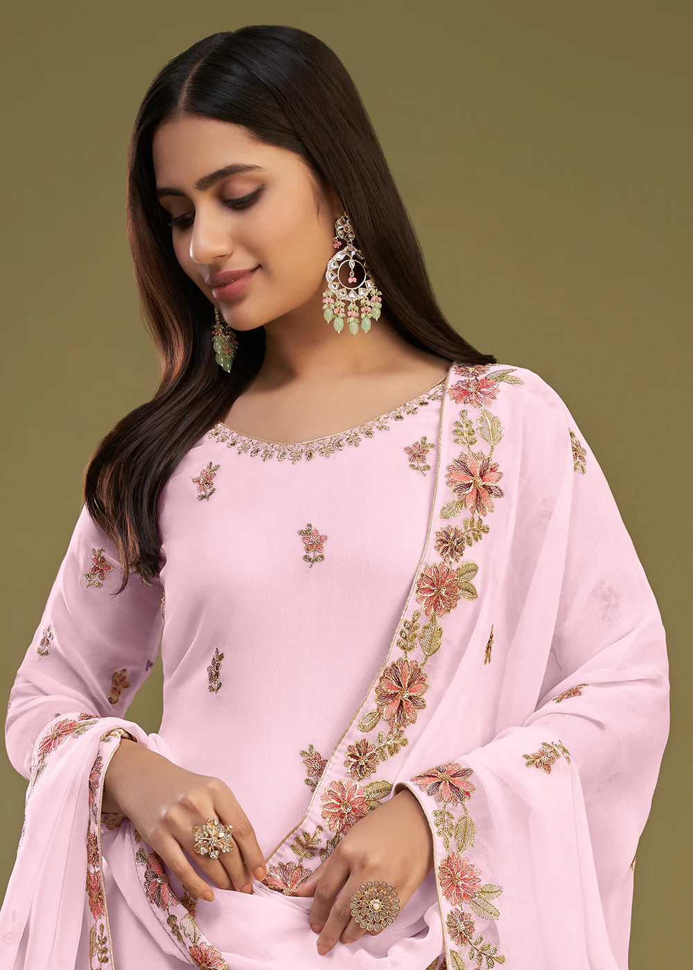 Georgette Pink Multi Thread Embroidered Gharara Suit - Image 2